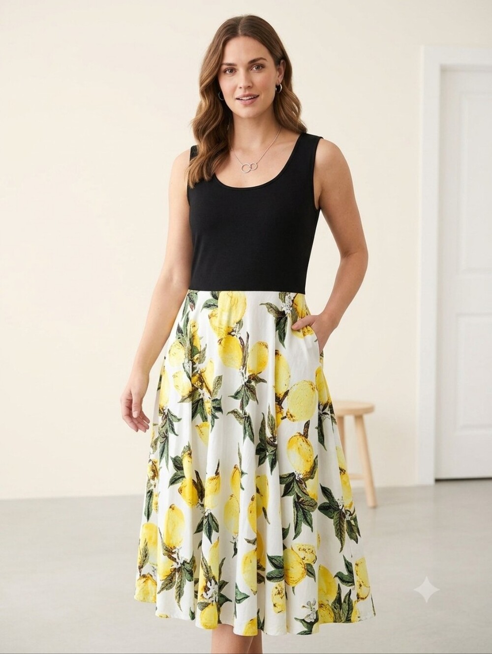 Black Tank Top & Lemon Print Mini Dress